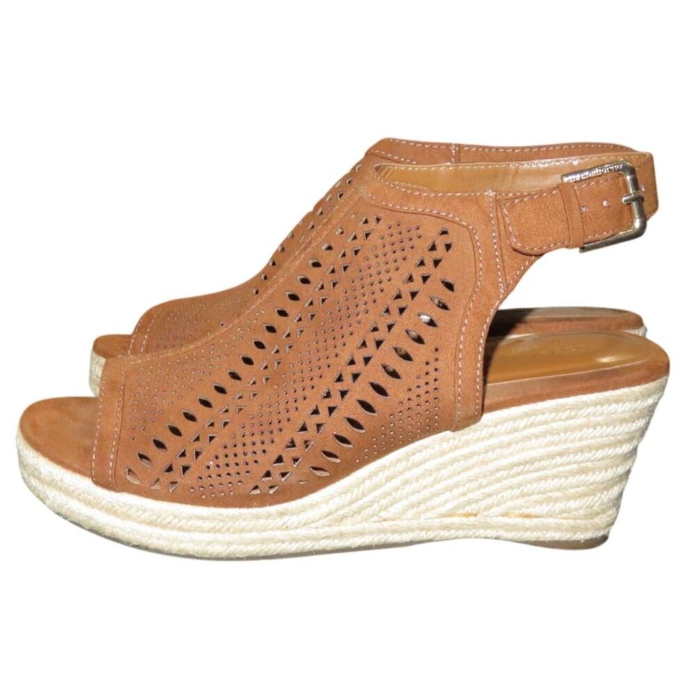 Liz Claiborne Brown Espadrille Leather Lazer Cut Platform Comfort Wedge Sandal 8